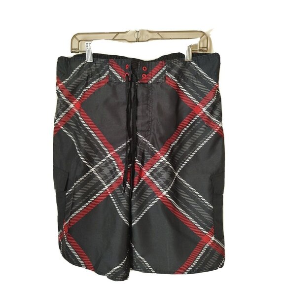 Hang Ten Mens Large Swim Trunks Board Shorts Red Black Geometric Cargo Pockets - Picture 1 of 6